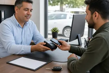 Despachante ajudando cliente no pagamento de débitos de veículo.